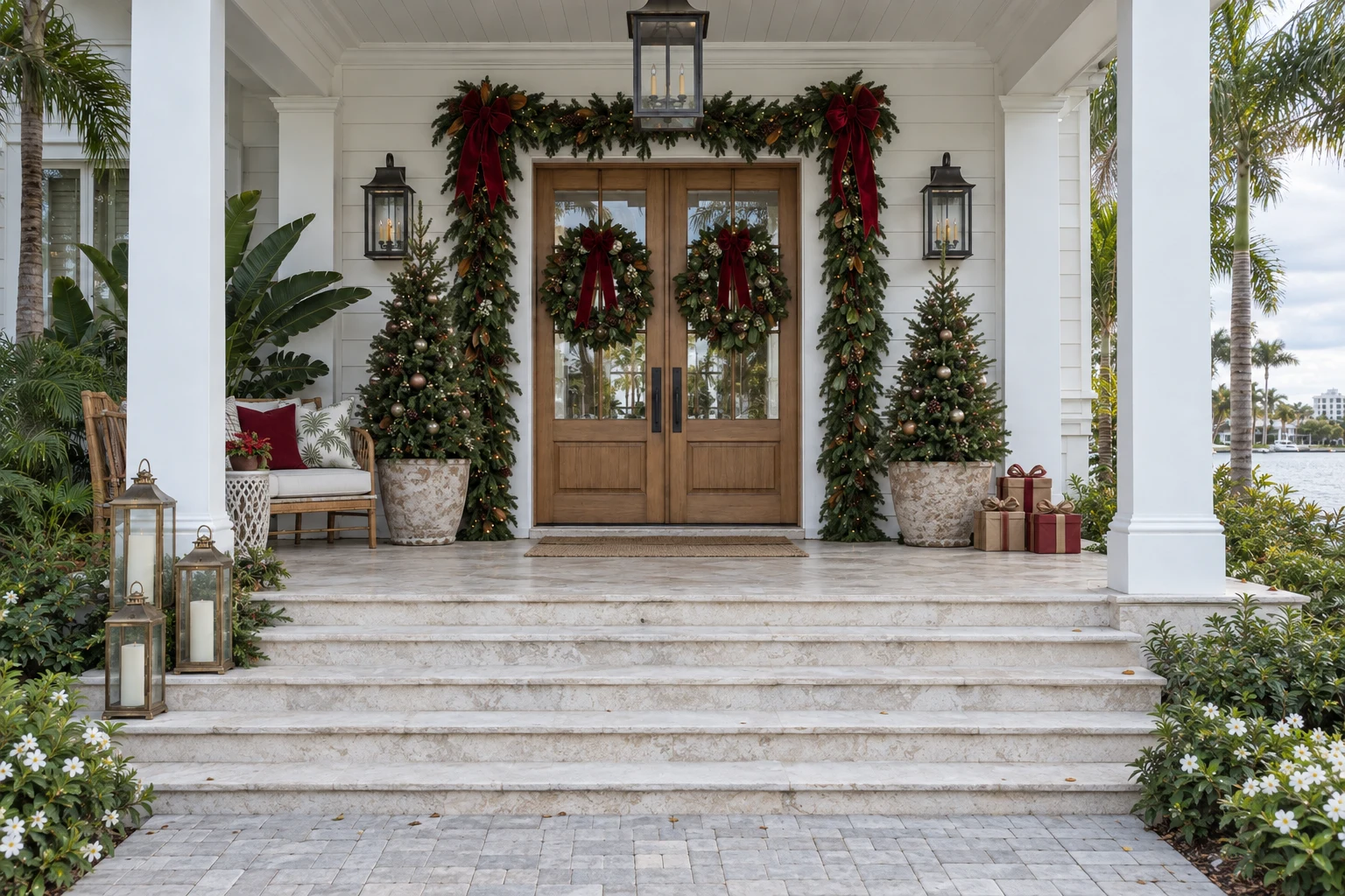 A complete Christmas porch design with decorated trees, burgundy bows, wreaths, garland and lanterns