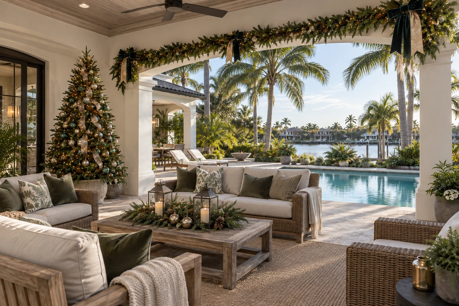 A Florida lanai decorated for Christmas with an ornamented tree, garland and a styled outdoor seating area beside a pool