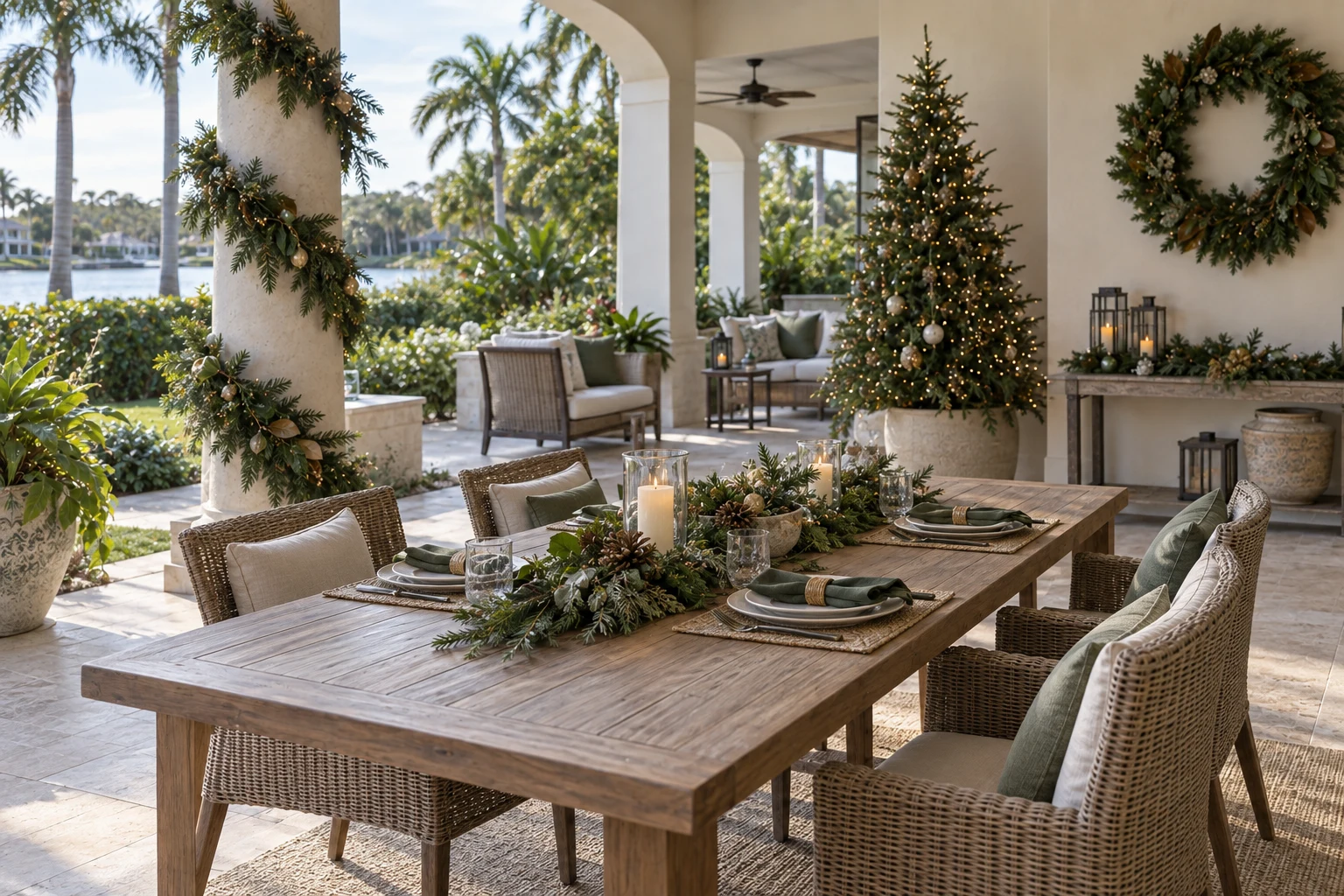A covered Florida terrace set for holiday dining with an evergreen centerpiece, gold accents, garland and a decorated Christmas tree