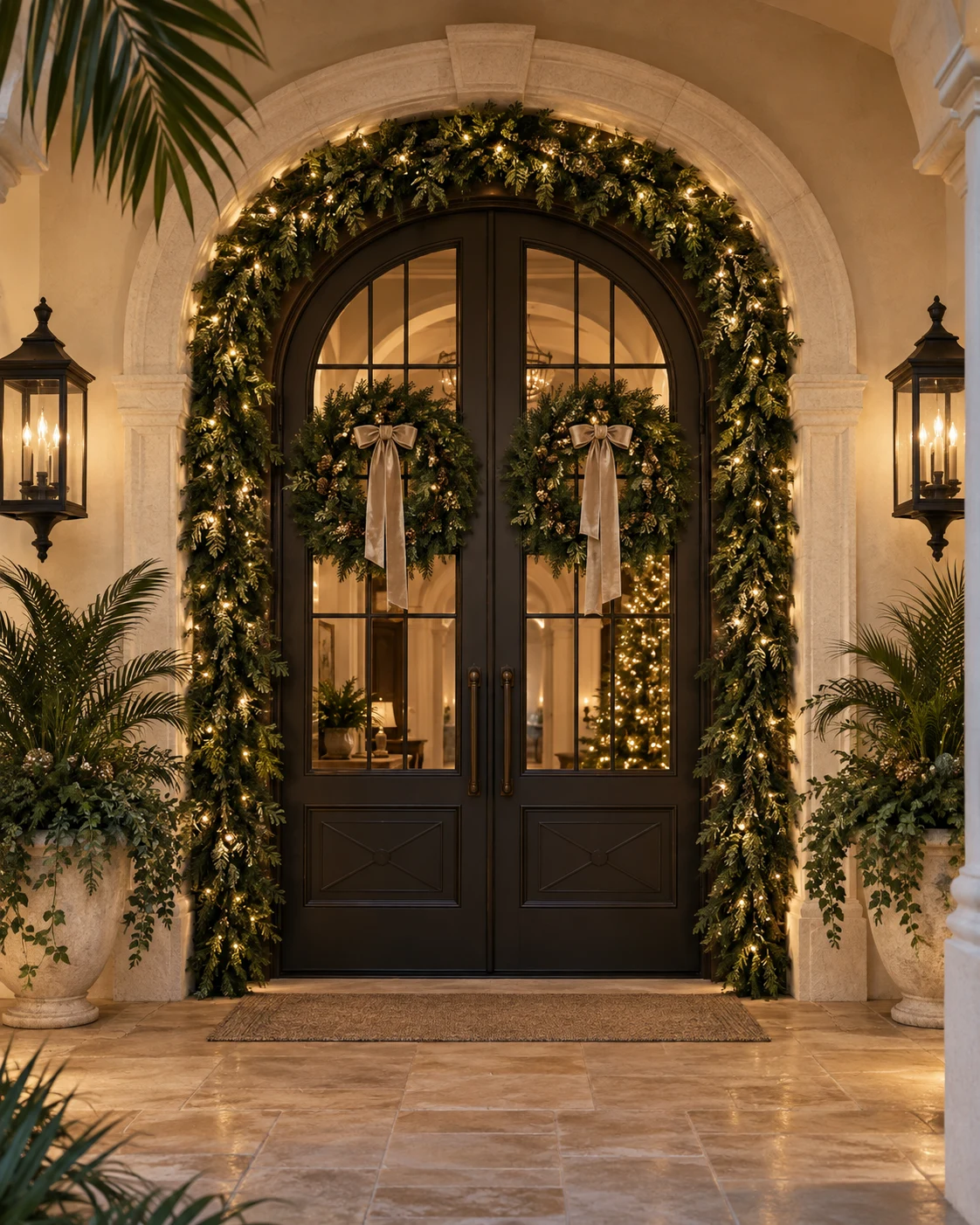 Warmly illuminated garland framing an elegant front door