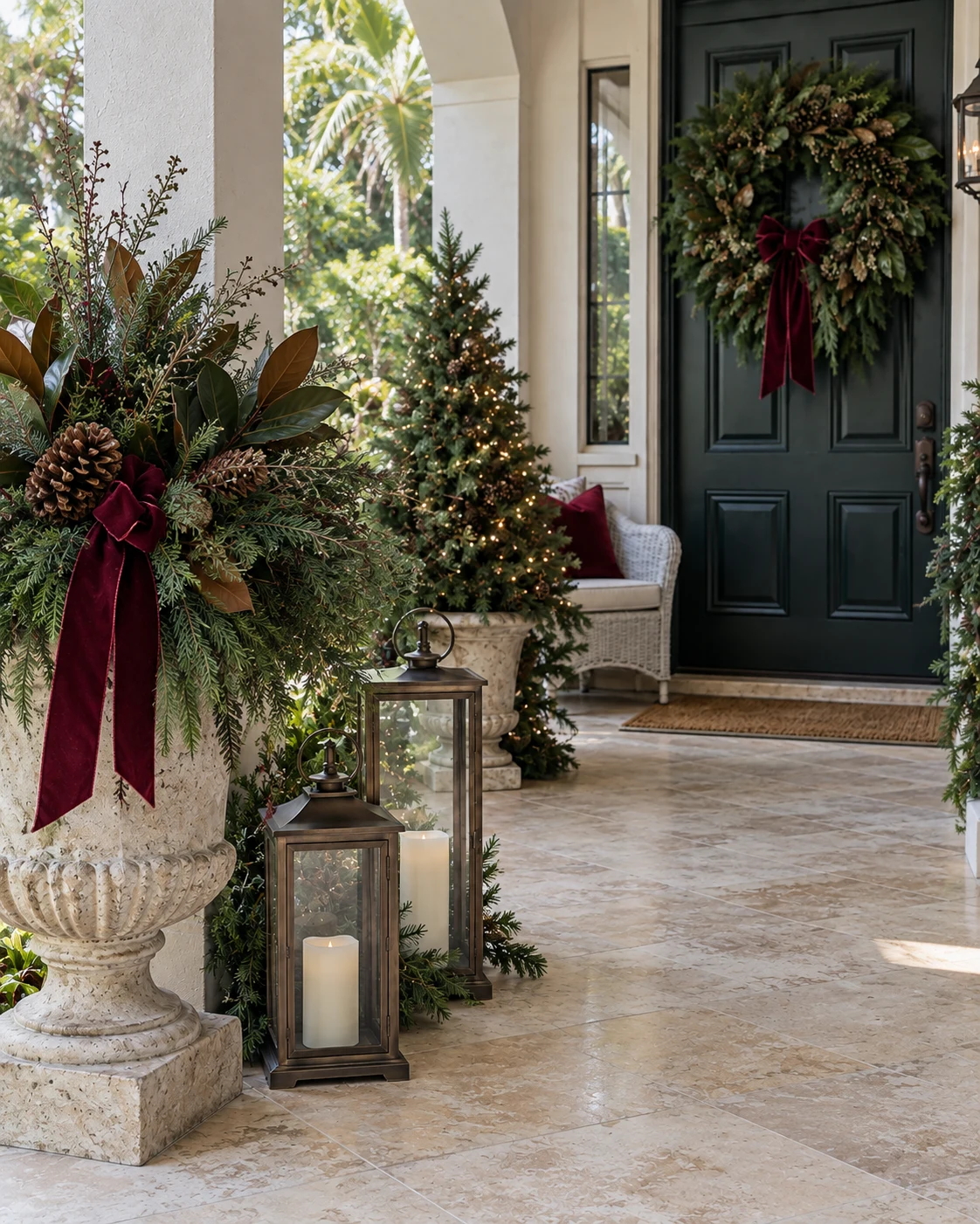 A Christmas porch vignette with a limestone urn of magnolia, evergreen and ornaments, burgundy ribbon, and candle lanterns