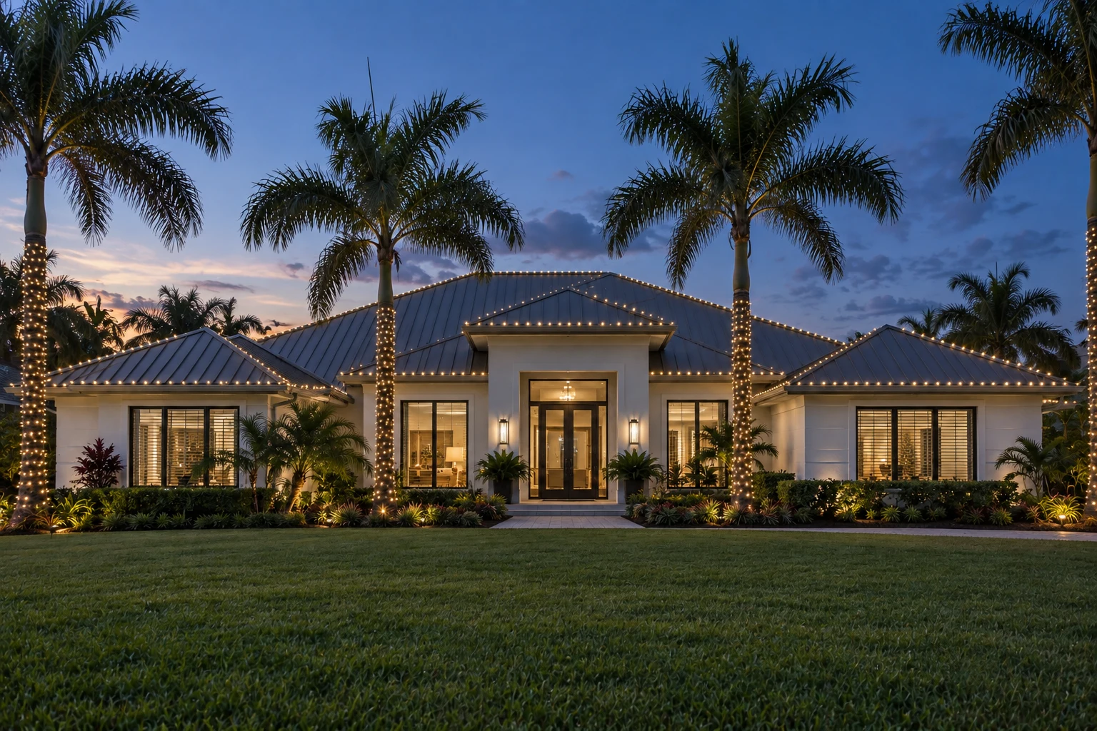 A modern coastal Florida home with precise warm white roofline lighting and illuminated palms